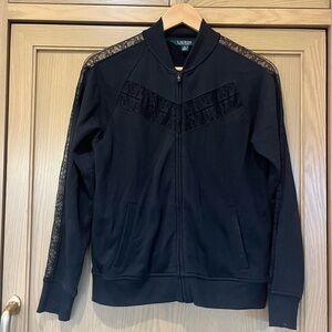 Lauren Ralph Lauren Black Lace Crocheted Full Zip Up Jacket Sweatshirt Top
